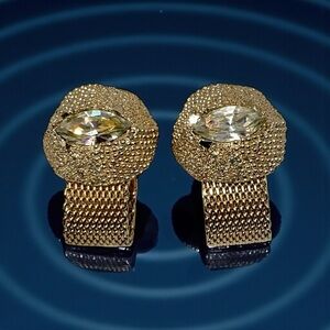 Fabulous Vintage Lemon Rhinestone Gold Tone Mesh Wrap Around Cufflinks